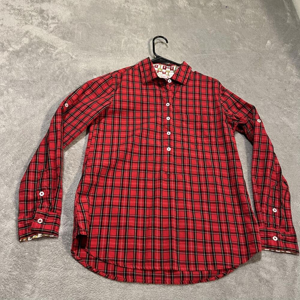 Dizzy Lizzie Tizzie Shirt Womens Small Red Plaid Popover Roll Tab Contrast Cuffs